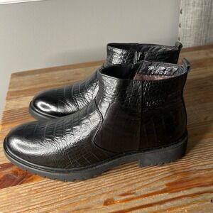 Mens Black Croc Embossed Faux Leather fur lined Ankle Boots Side Zip Winter Warm